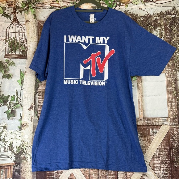 Tultex Other - MTV Shirt Men's XL Blue I Want My Music Television Graphic Tee Short Sleeve Y2K